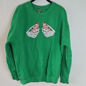 Gildan Green Sweatshirt with Red and White Skeleton Hands